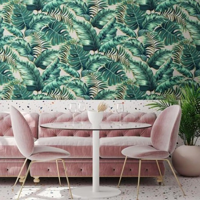 Banana-leaves-max-printed -blush-pink-jungle-print-wallpaper-brandMcKenzie-palm-printed-oversized-monstera-featurewall