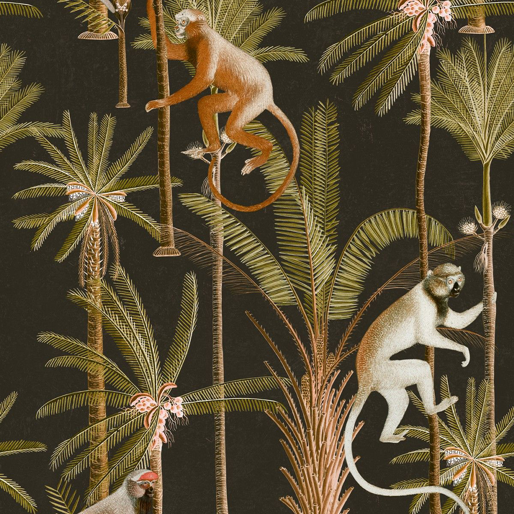 mind-the-gap-barbados-anthracite-wallpaper-monkeys-palm-trees-dark-background-tropical-the-rediscovered-paradise-collection