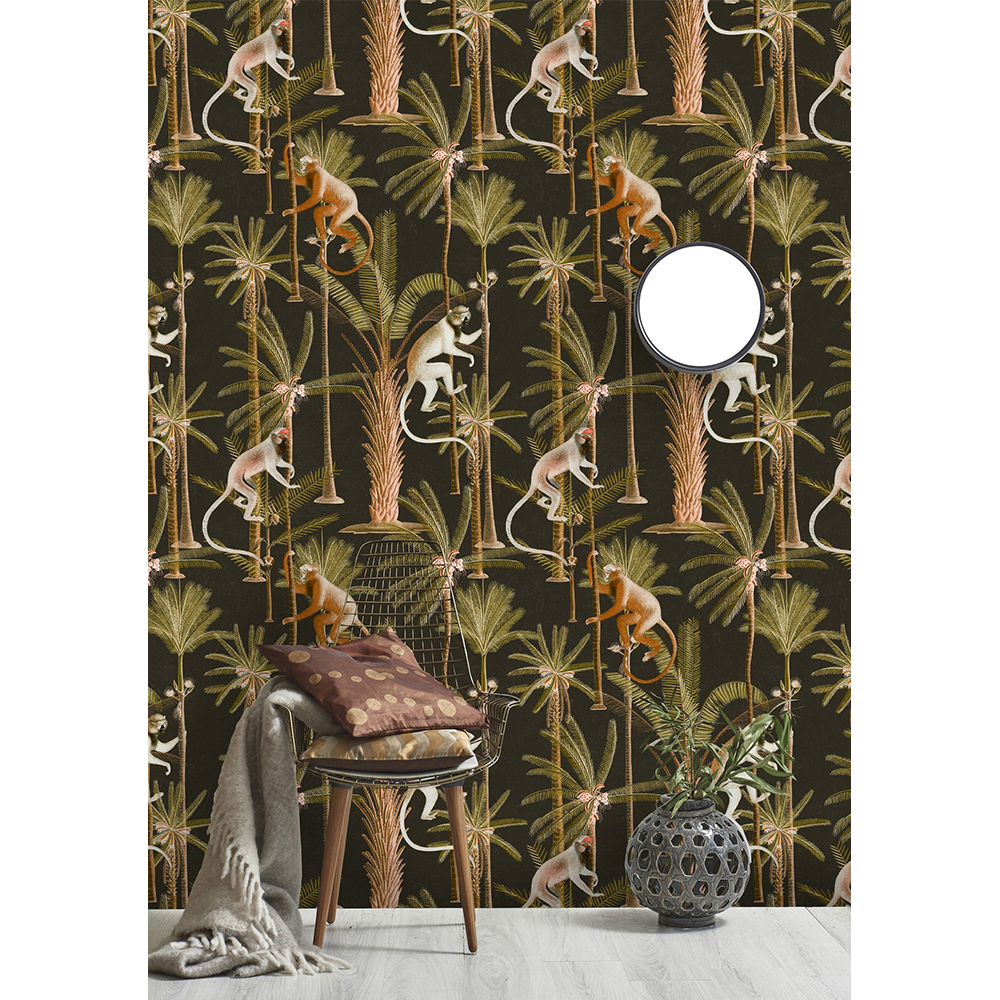mind-the-gap-barbados-anthracite-wallpaper-monkeys-palm-trees-dark-background-tropical-the-rediscovered-paradise-collection-room