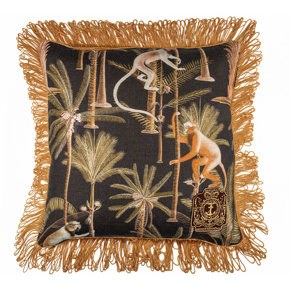 mind the gap linen cushions barbados fringe monkey and palm tree black and orange and green