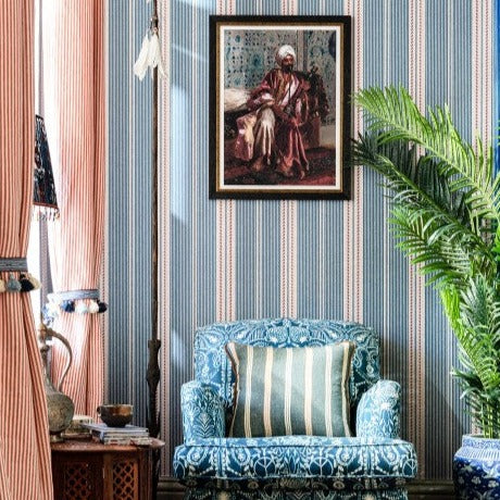 Mind-the-gap-tales-of-maghredb-berber-stripes-wallpaper-blue-red-cream-verticle-stripes-teaxtile-looking-fabric-look-wallpaper