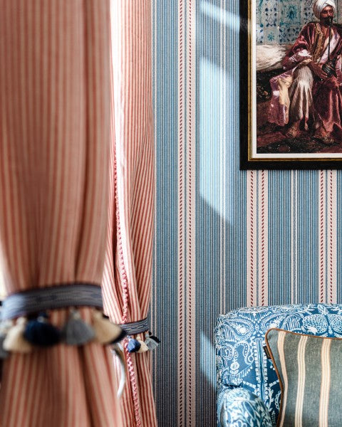 Mind-the-gap-tales-of-maghredb-berber-stripes-wallpaper-blue-red-cream-verticle-stripes-teaxtile-looking-fabric-look-wallpaper