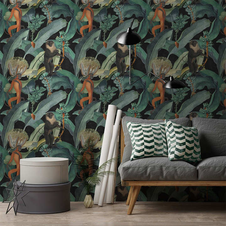 mind-the-gap-bermuda-wallpaper-rediscovered-collection-dark-background-tropical-jungle-bananas-monkey-leaves-lounge