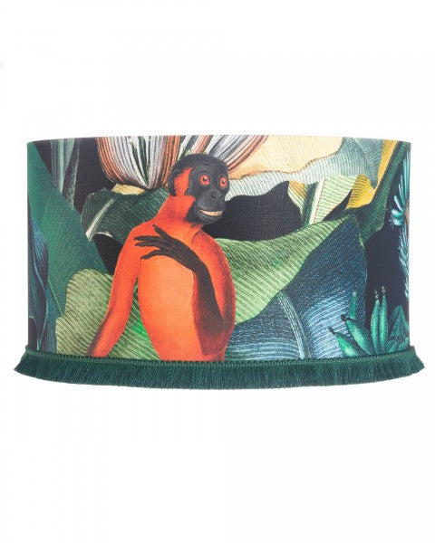 bermuda-fabric-printed-linen-fringed- lampshade-mindthegap -shade-drum-monkey-tropical-