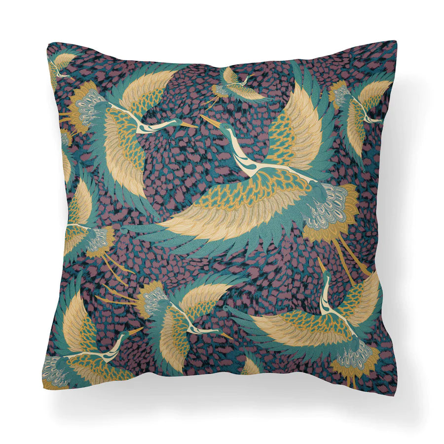 Pachamama-collection-Tatie-Lou-velvet-cushion-flying-heron-printed-two-sides-45x45cm-bird-print-art-deco-style-square-pillow-navy-purple-mix-berry-flock-leopard-background