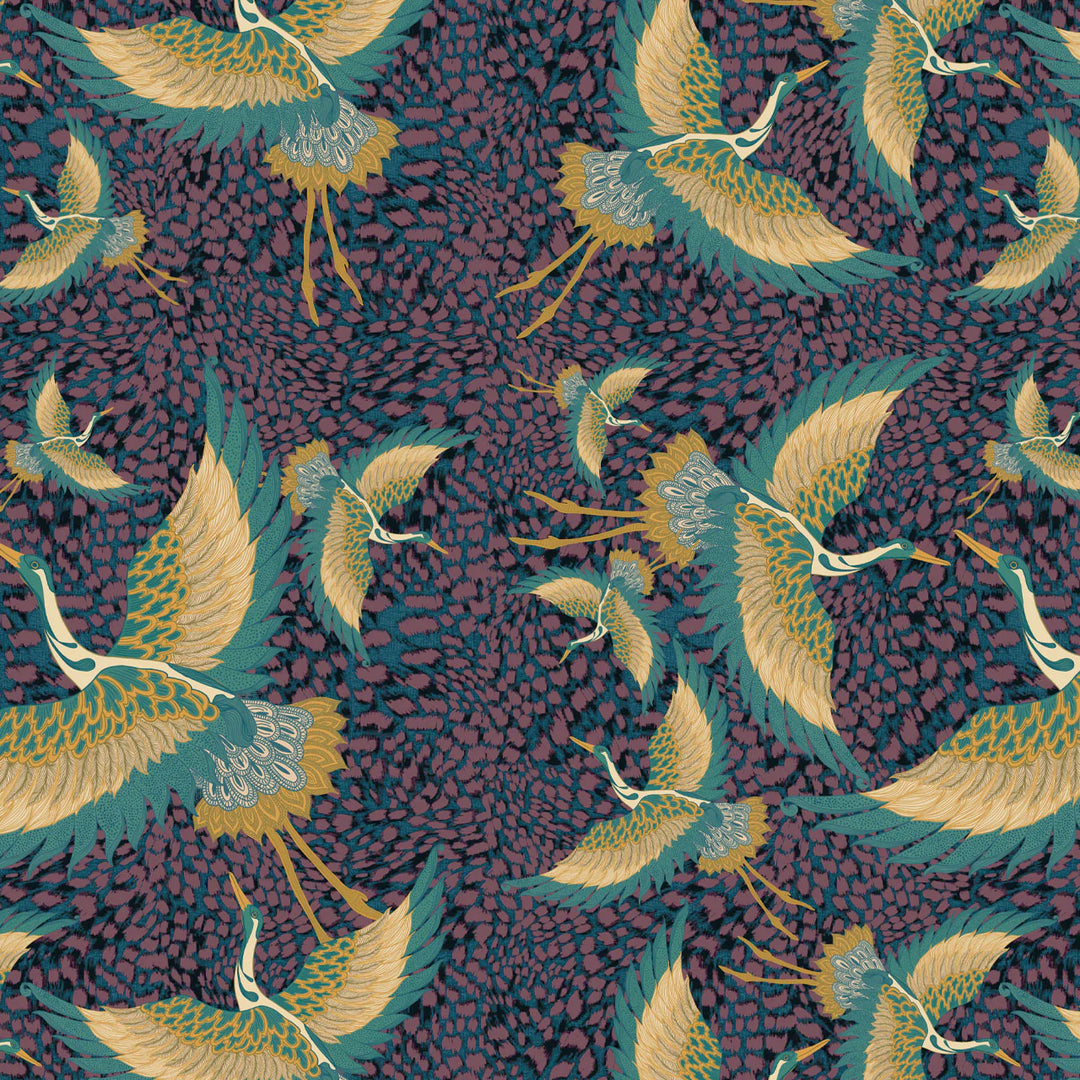 Tatie-Lou-wallpaper-Pachamama-berry-rich-purple-herons-cranes-flying-birds-art-deco-printed-uk-wallpaper-featre-biba