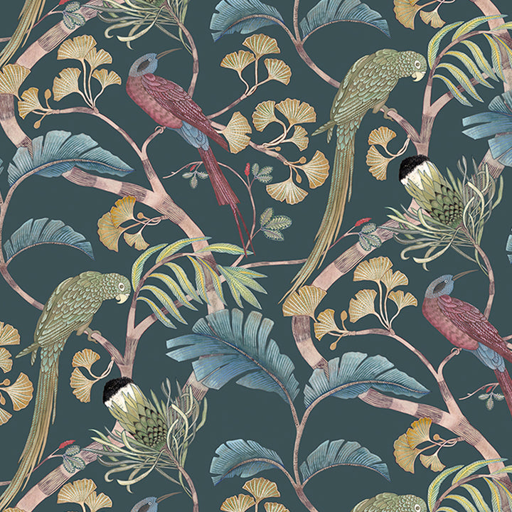 josephine-munsey-living-branches-bird-wallpaper-teal-green-yellow-pink-blue-nature
