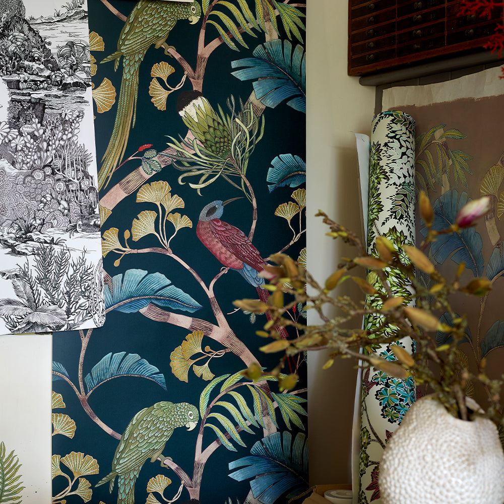 josephine-munsey-living-branches-bird-wallpaper-teal-green-yellow-pink-blue-nature-studio-display-textile-design
