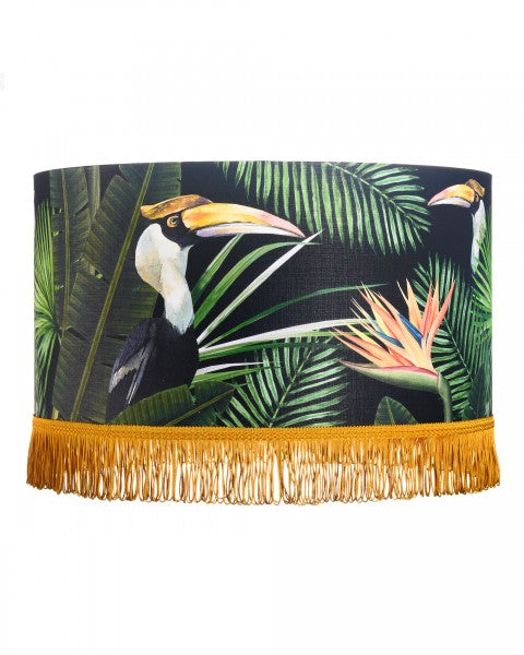 birdsofparadise-lampshade-drum-shade-toucan-tropical-printed-linen-black-fringed-palm-birds-mindthegap 