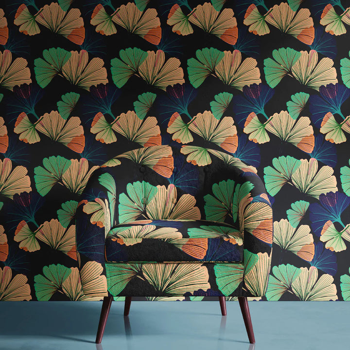 Tatie-lou-ginko wallpaper-hand-drawn-leaf-digital-colourful-printed-repeat-UK-british-designer-wallpaper-black-background