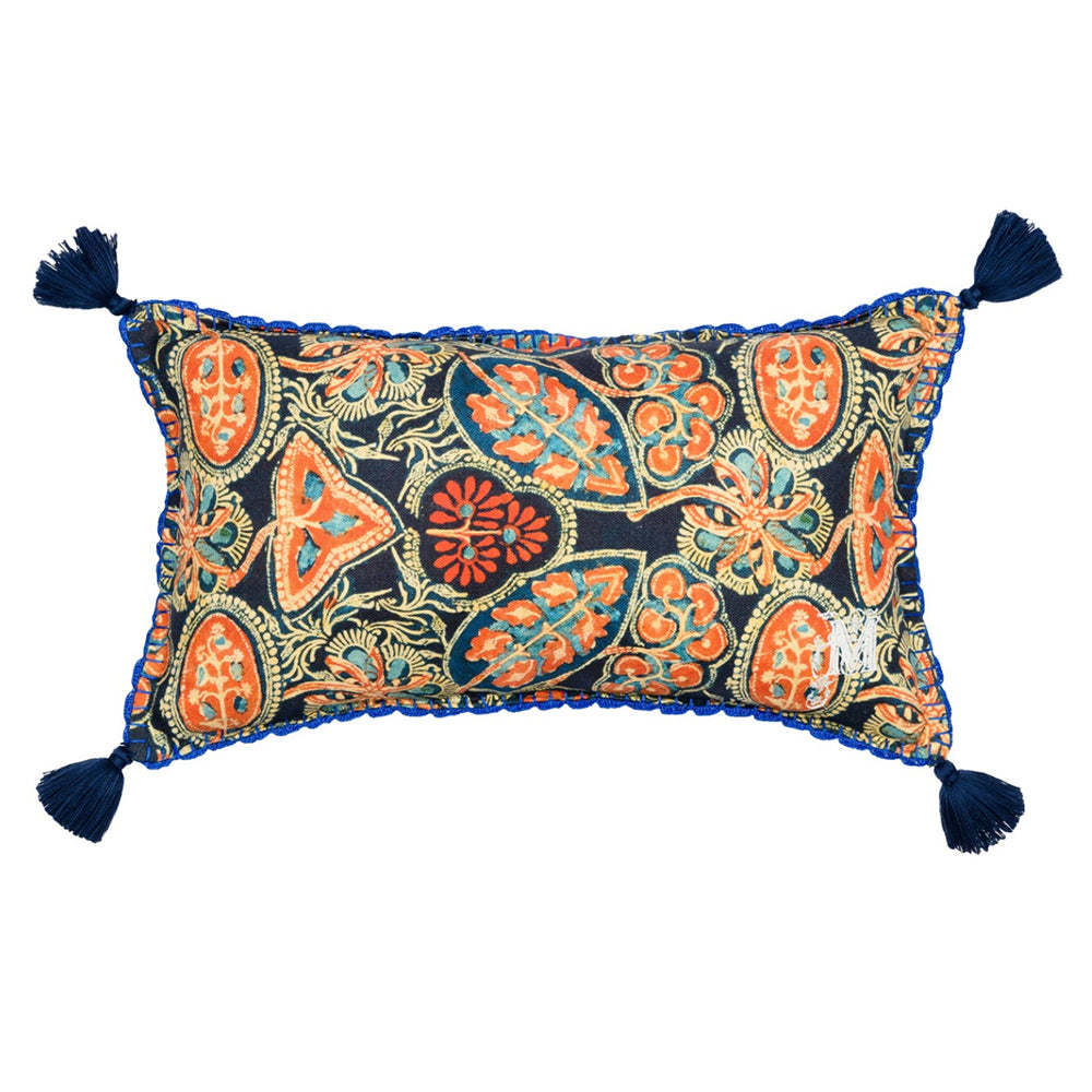 mind the gap linen cushion orange blue tassel 30 x 50 cm