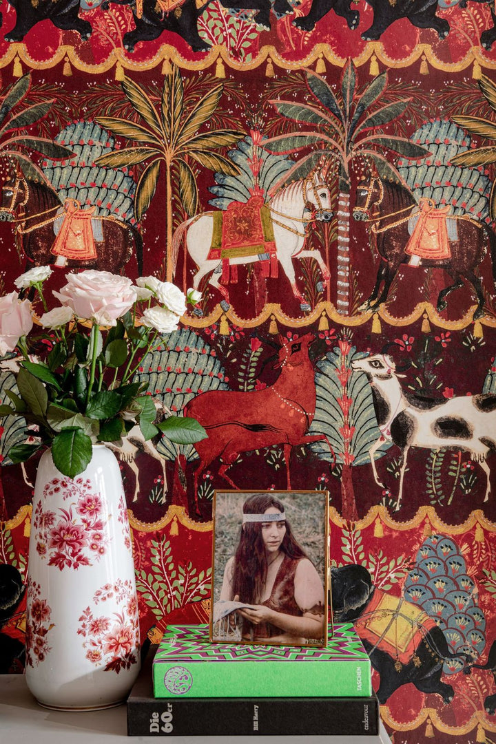 mind-the-gap-woodstock-collection-wallpaper-carnaval-animal-trees-bohemian-boho-inspired-wallcoverings-red-multi-maximalist-boho-interiors