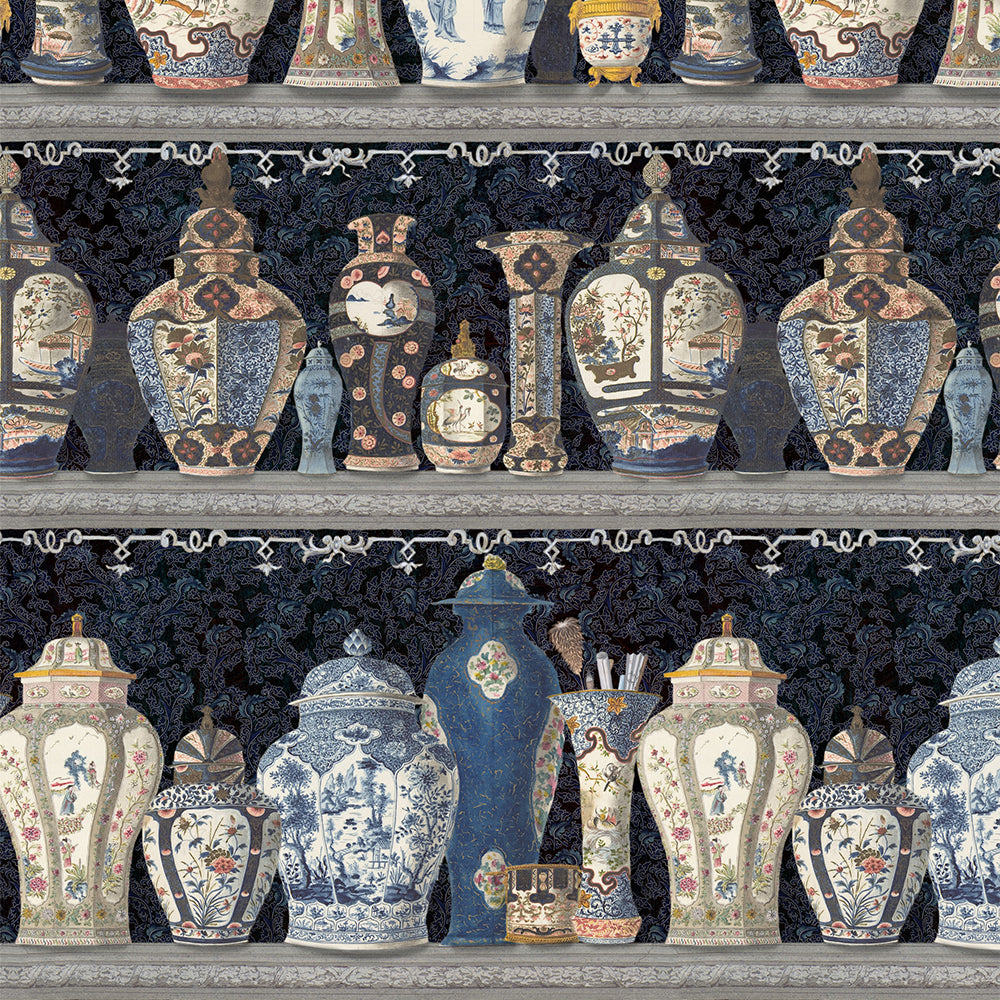 mind-the-gap-ceramic-wonders-vases-pots-jars-on-shelf-blue-chinisorie-oriental-wallpaper-ceramic-wonders-wallpaper-the-artists-house-collection-ancient-potters-objects-maximalist-statement-interior