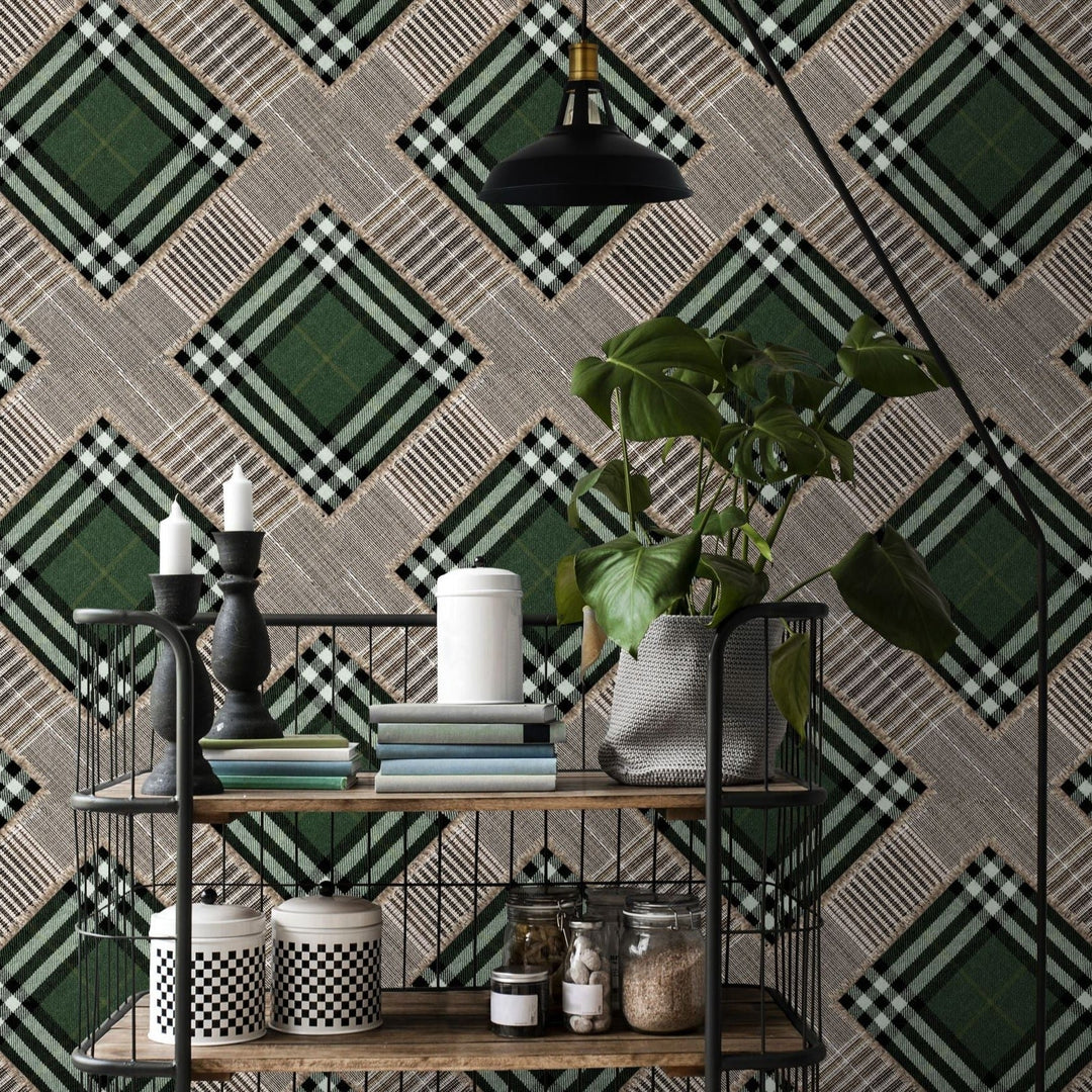 mind-the-gap-checkered-patchwork-green-wallpaper-world-of-fabrics-collection-tartan-scottish-heritage-inspired-country-home-textured-maximalist-statement-interior