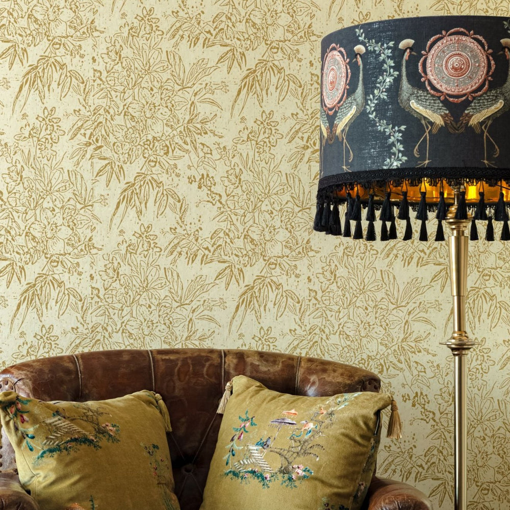 sand-floral-wallpaper-leather-chair-bird-lampshade-mind-the-gap-indigo-floral-cherry-orchard-wallpaper-transylvanian-manor-collection-maximalist-statement-interior