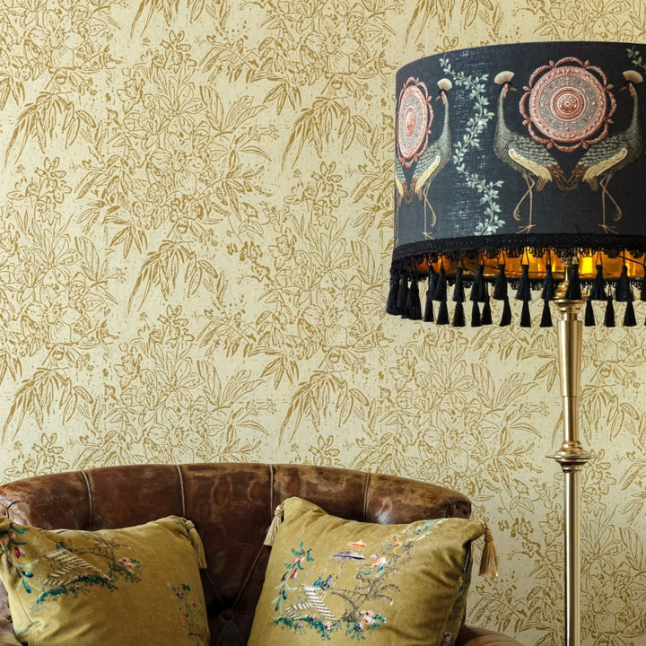 sand-floral-wallpaper-leather-chair-bird-lampshade-mind-the-gap-sand-floral-wallpaper-cherry-orchard-transylvanian-roots-collection-maximalist-statement-interior