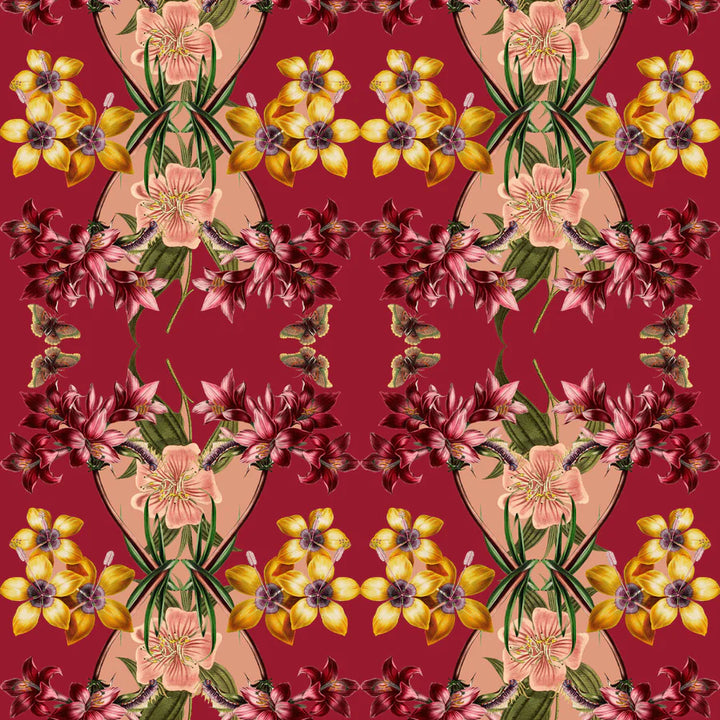 tatie-lou-wallpaper-Cherry-Red-green-ruby-pink-colourway-large-scale-kaleiscopic-repaet-floral-orchid-lilys-bloom-square-tile-repeat-pattern-exotic