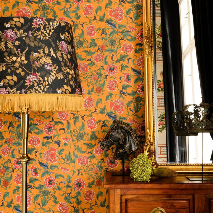 mind-the-gap-wallpaper-floral-ochre-chinoiserie-new-collection-red-mustard-vines-maximalist-statement-feature-clashing-prints-mirror-bedroom-study