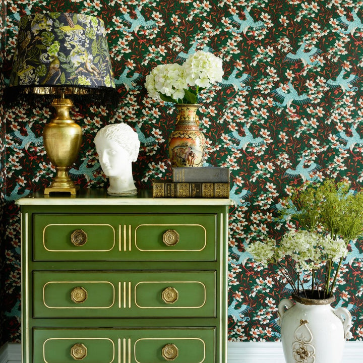 mind-the-gap-chinoise-wallpaper-birds-blue-green-floral-white-yellow-oriental-red-chinese-ornaments-maximalist-statement-bedroom-traditional