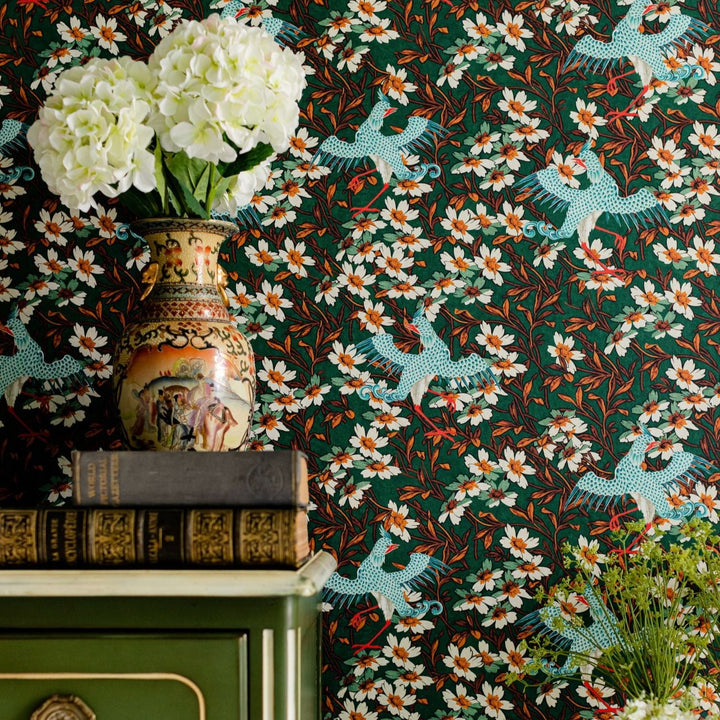 mind-the-gap-chinoise-wallpaper-birds-blue-green-floral-white-yellow-oriental-red-chinese-ornaments-maximalist-statement-bedroom-traditional