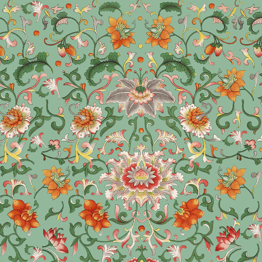 mind-the-gap-chinese-floral-wallpaper-orange-green-flowers-on-green-background-traditional-chinese-art