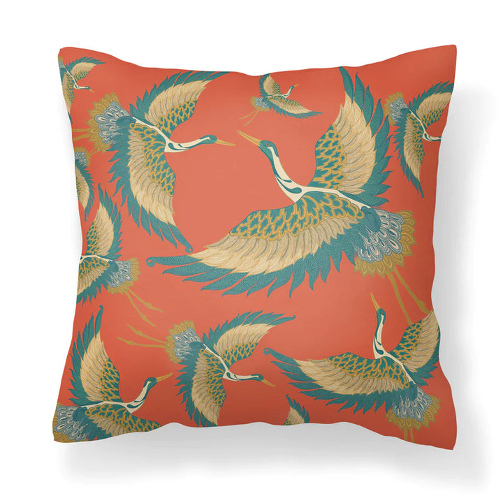 Pachamama-collection-Tatie-Lou-velvet-cushion-flying-heron-printed-two-sides-45x45cm-bird-print-art-deco-style-square-pillow-coral-orange-tangerine