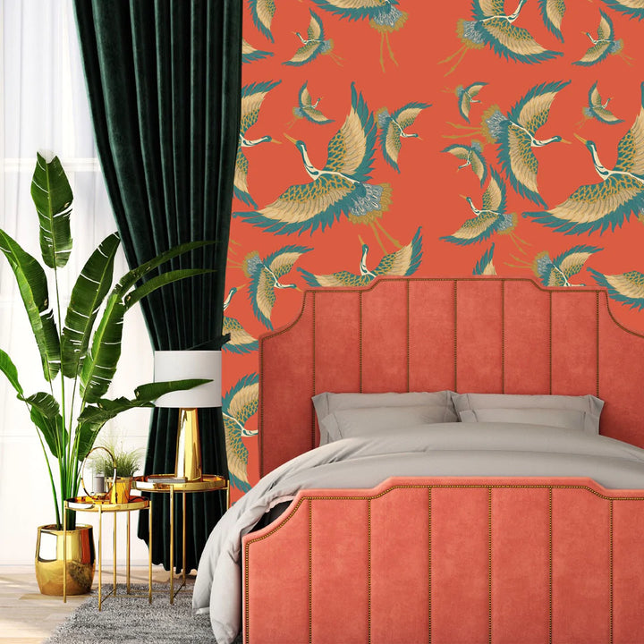 Tatie-Lou-wallpaper-pachmama-coral-herons-cranes-flying-birds-wallpaper-feature-bold-biba-kimono-print-exotic-orange-
