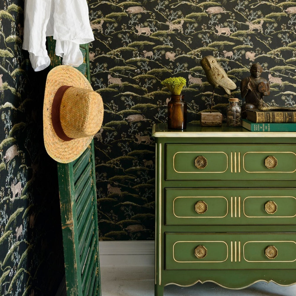 mind-the-gap-woodland-meadow-wallpaper-fox-bird-goat-animals-green-black-interiormind-the-gap-woodland-meadow-wallpaper-mind-the-gap-countryside-wallpaper-by-day-transylvanian-roots-collection-maximalist-statement-interior