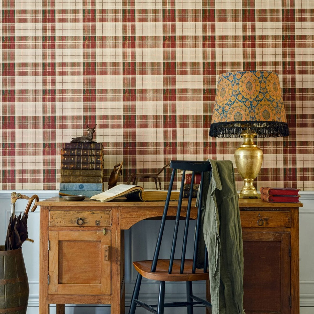 countryside-plaid-tartan-red-wallpaper-office-mind-the-gap-countryside-plaid-charcoal-wallpaper-tartan-transylvanian-roots-collection-complementary-maximalist-statement-interior