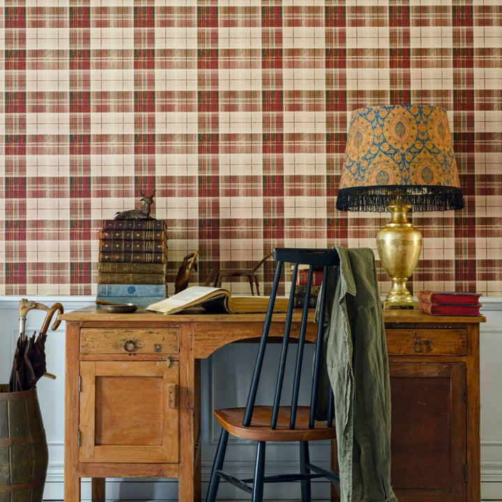 countryside-plaid-tartan-red-wallpaper-office-mind-the-gap-countryside-plaid-leather-wallpaper-tartan-transylvanian-roots-collection-complementary-collection-maximalist-statement-interior