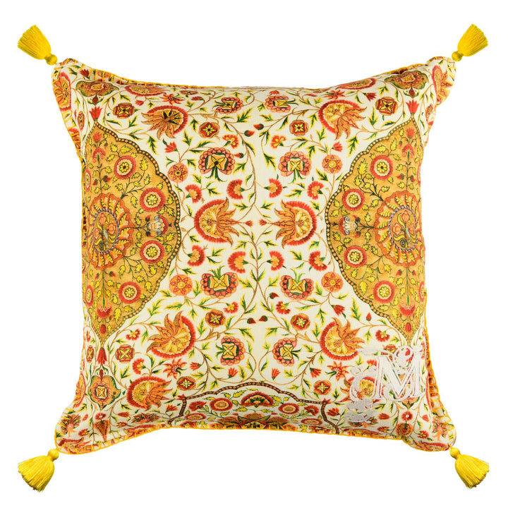 mind the gap csardas linen cushion with yellow tassels red and yellow