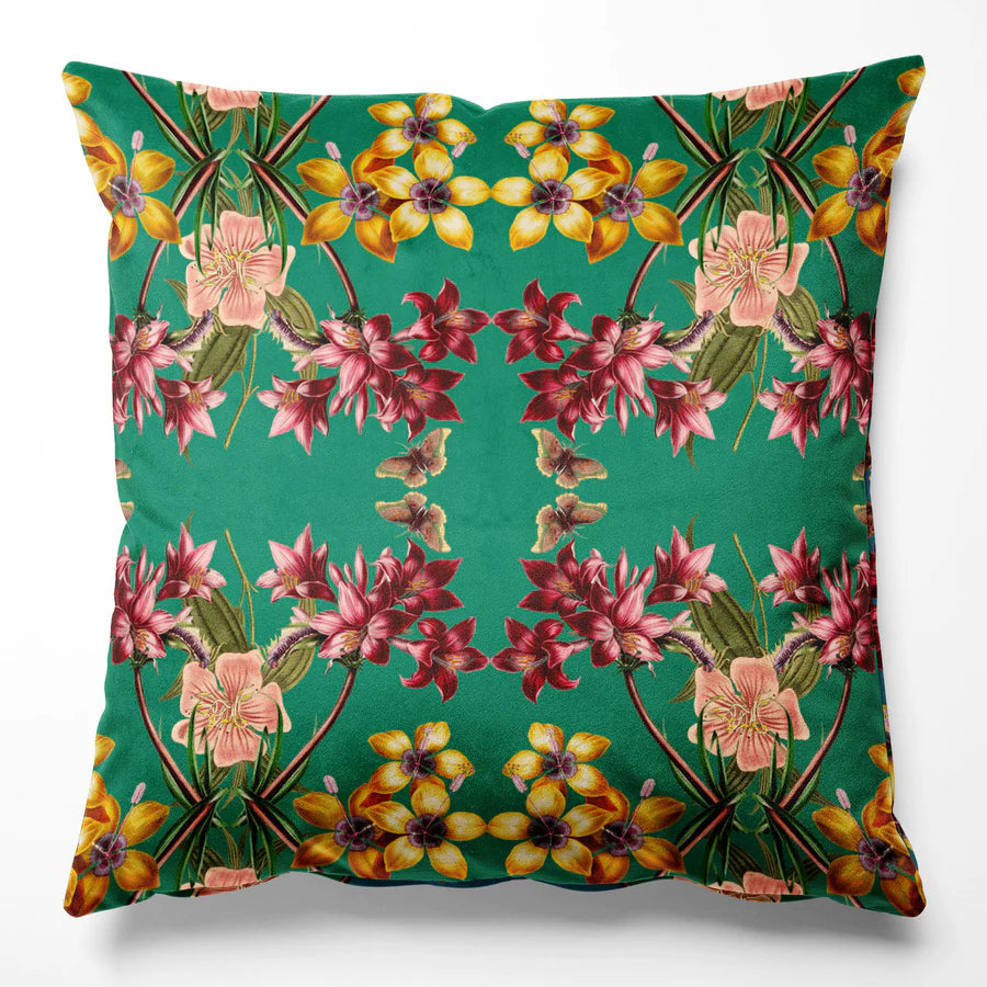 Tatie-Lou-velvet-cushions-Kaleidoscope-print-floral-butterfies-Hampi-India-cushion-pillow-45x45cm-velvet-throw-pillow-Emerald-green 
