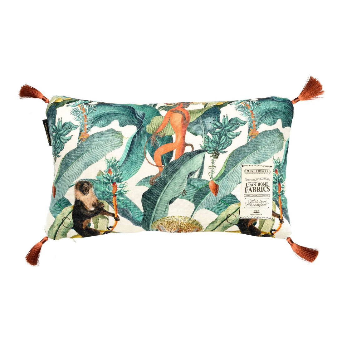 mind the gap linen cushion bermuda with tassels and monkey