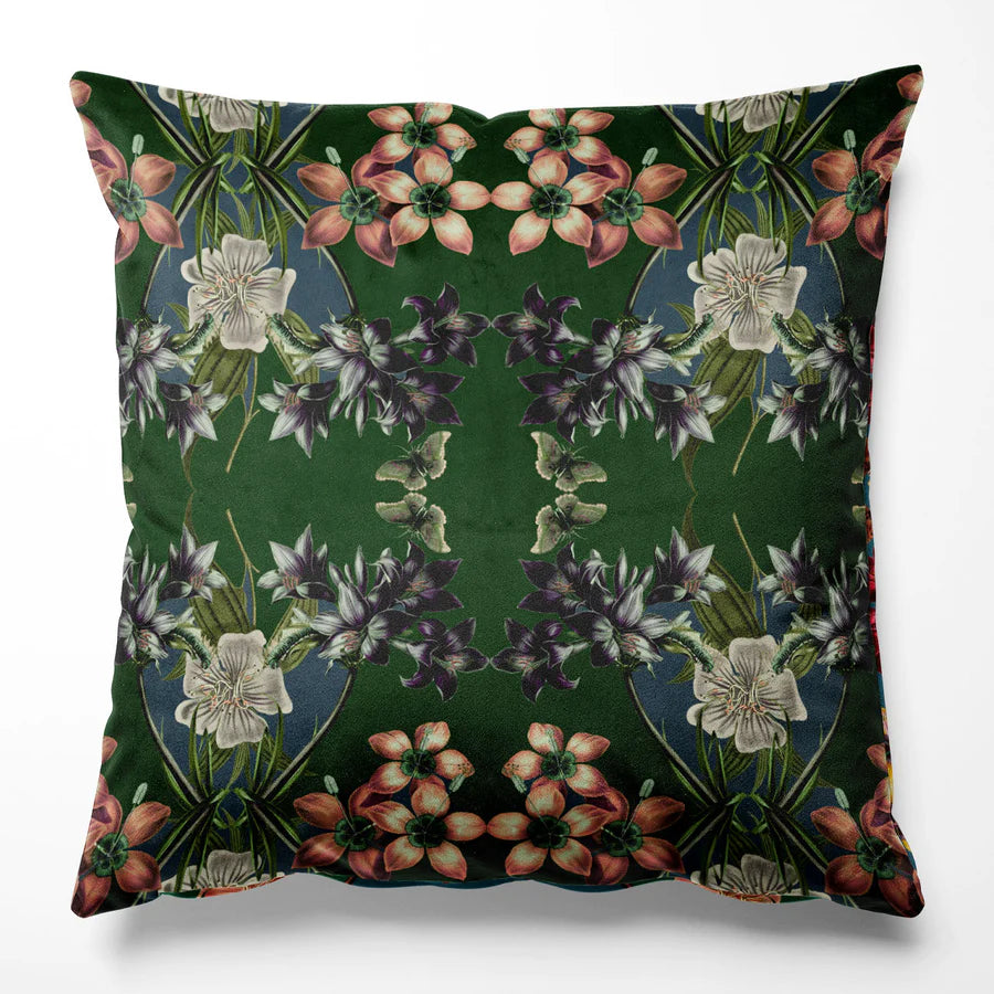 Tatie-Lou-velvet-cushions-Kaleidoscope-print-floral-butterfies-Hampi-India-cushion-pillow-45x45cm-velvet-throw-pillow-pine-green