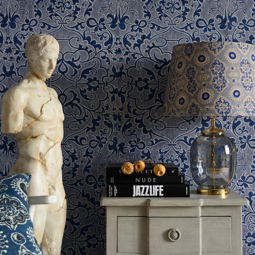 mind-the-gap-deco-trellis-wallpaper-indigo-addiction-collection-baroque-style-lace-work-floral-small-details-textured-deep-blue-indigo-maximalist-statement-interior