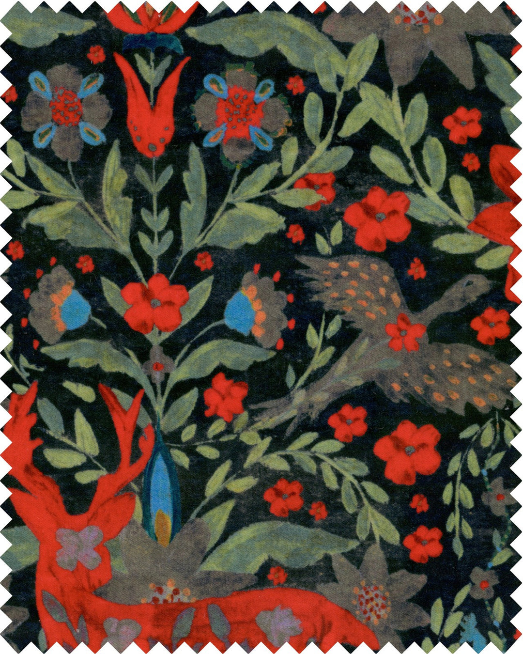 Mind-The-Gap-Tyrol-collection-Der-Konig-Velvet-stage-birds-jewel-tones-black-velvet-textile-fabrics-Nordic-Alpine-Apres-ski-cabin-lodge-Folklore-printed-illustration-fabric  