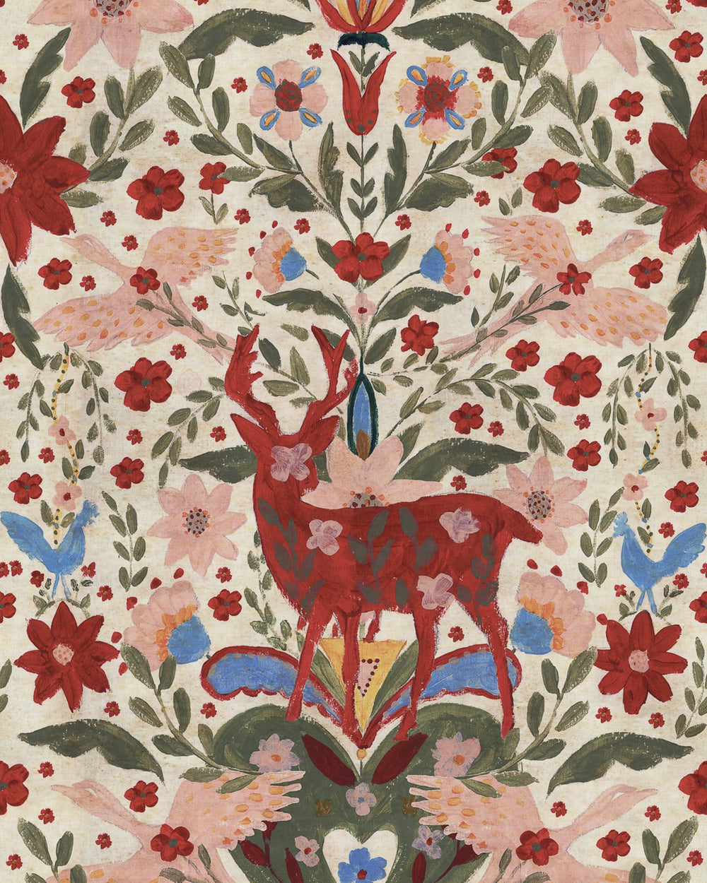 Mind-the-gap-Tyrol-collection-wallpaper-Der-Konig-alpine-print-hand-painted-filk-inspired-print-stags-floral-birds-white-red-woodland-paper