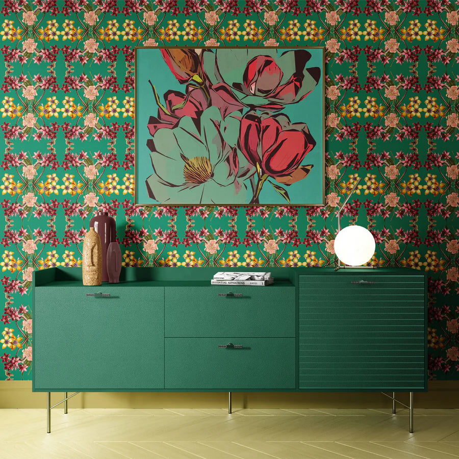 tatie-lou-wallpaper-Emerald-green-ruby-pink-colourway-large-scale-kaleiscopic-repaet-floral-orchid-lilys-bloom-square-tile-repeat-pattern-exotic