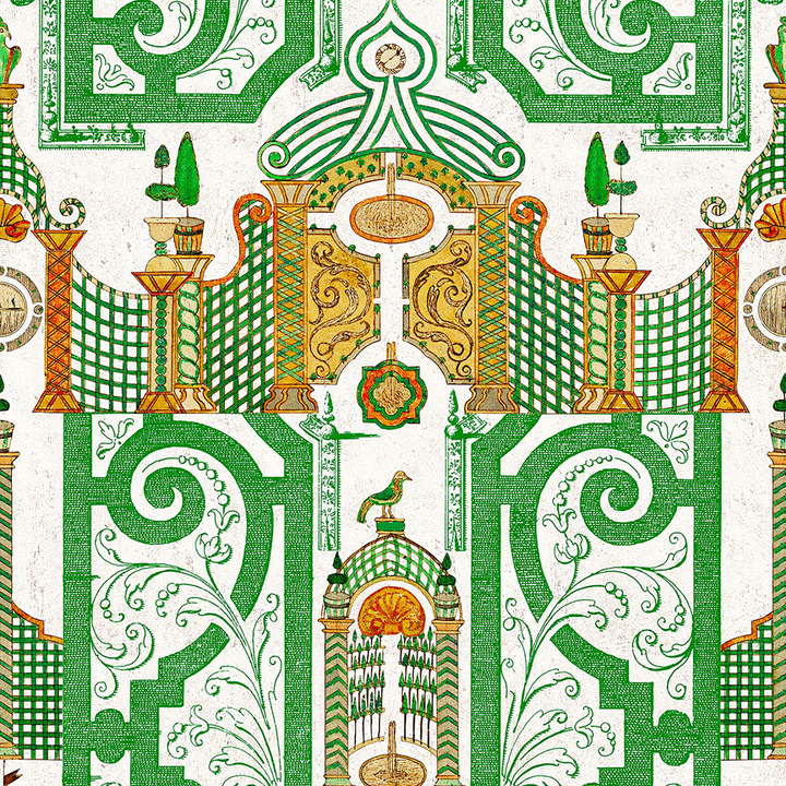 mind-the-gap-emperor-labyrinth-wallpaper-chinese-garden-green-maze-symbols-wealth-growth-oriental-monochrome-orange