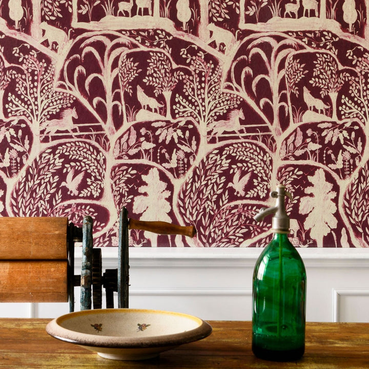 mind-the-gap-the-enchanted-woodland-wallpaper-green-red-transylvanian-roots-collection-hand-pianted-animals-woodland-creatures-nature-countryside-maximalist-statement-interior