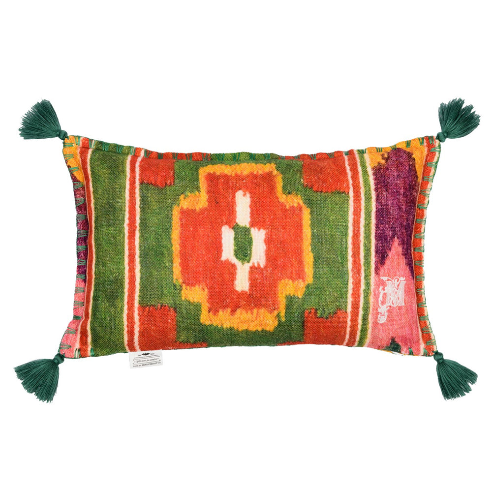mind the gap linen cushion small 30 x 50 cm multi coloured pattern green tassels