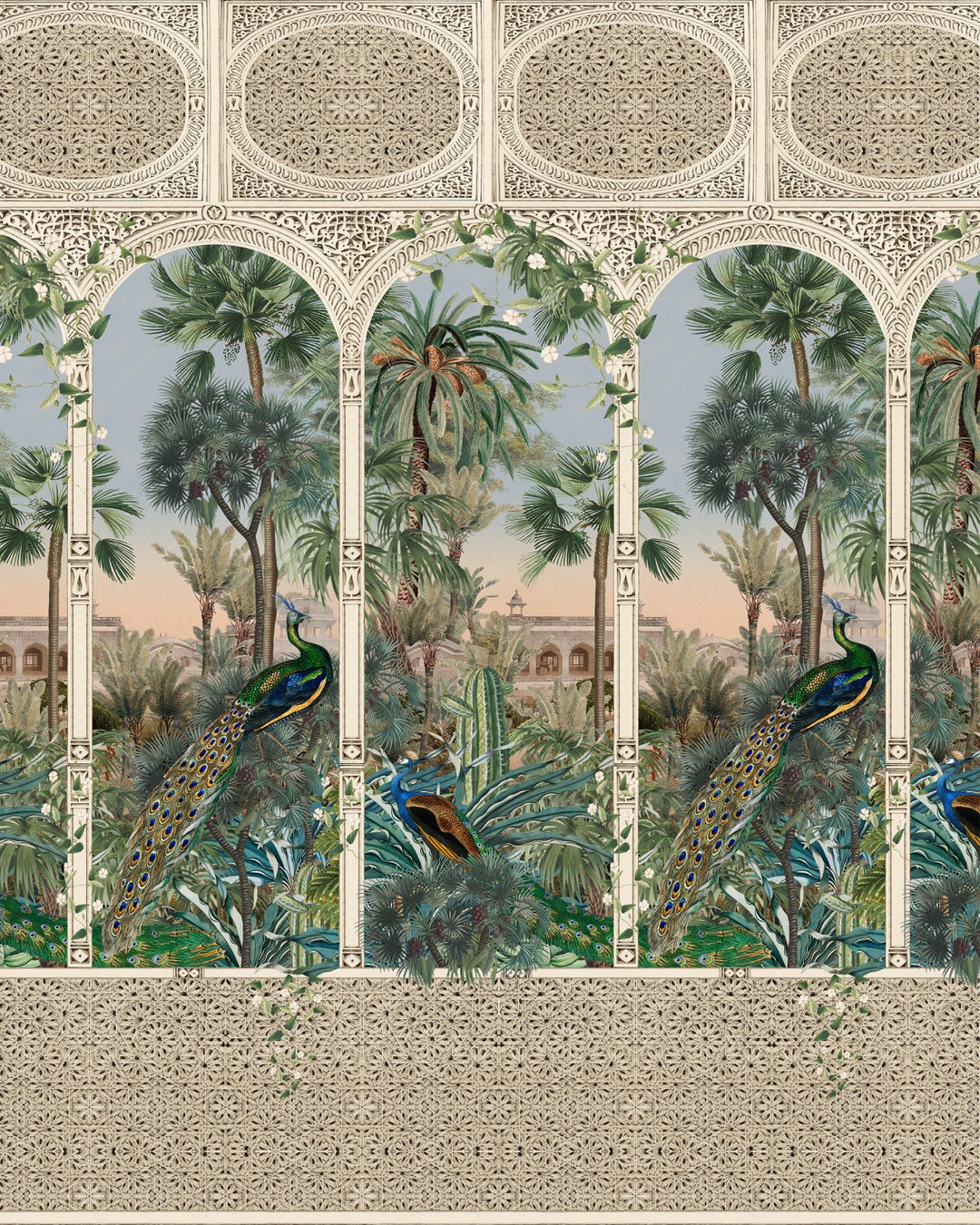 Erfoud-wallpaper-mind-the-gap-exotic-riad-mural-plants-birds-peacocks-dramatic-fullsclae-wallprint-sahara-desert-gardens-palms-Oasis-tales-of-Magl