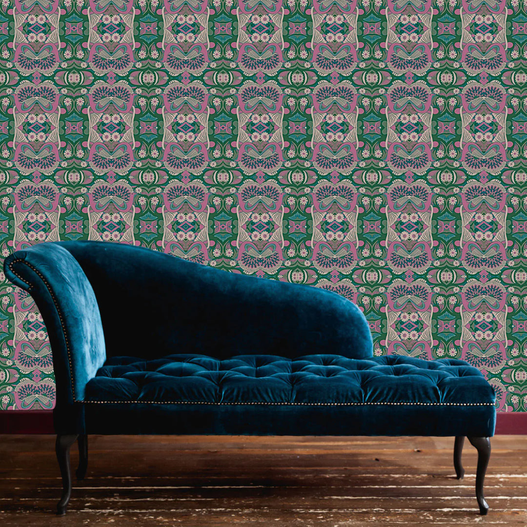 Tatie-Lou-wallpaper- Esprit-Boho-Art-Deco-pattern-repeat-kaleidoscopic-jewel-tones-origami-magenta 