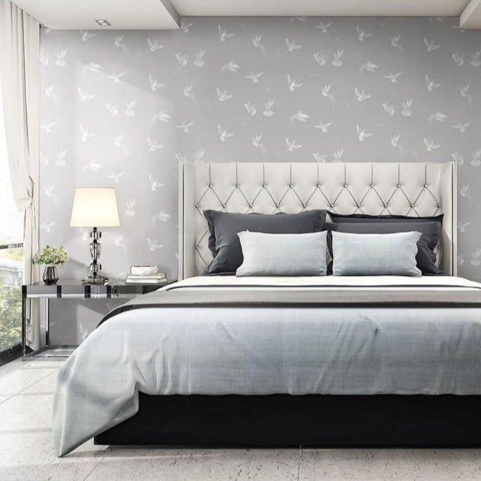 exotic-birds-concrete-grey-brand-McKenzie-wallpaper-hummingbirds-flying-bird-wallpaper-bedroom-grey