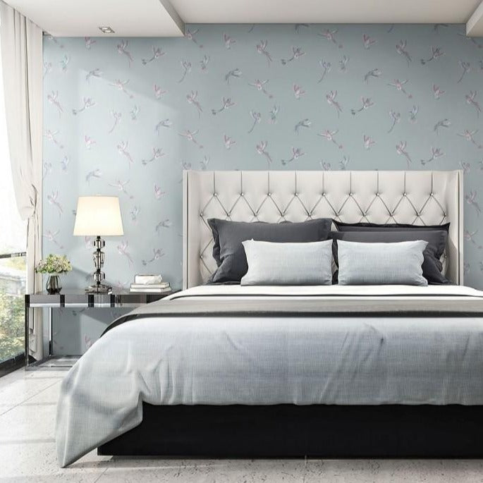 hummingbirdwallpaper-exotic-bird-paper-duck-egg-blue-brand-McKenzie-pink-birds-bedroom-grey