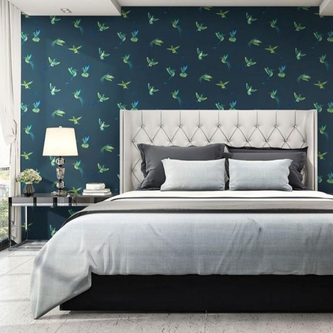 exotic-birds-midnight-blue-brand-McKenzie-hummingbird-wallpaper-petrol- teal-flying-birds-in-flight-pattern-repeat-bedroom-navy