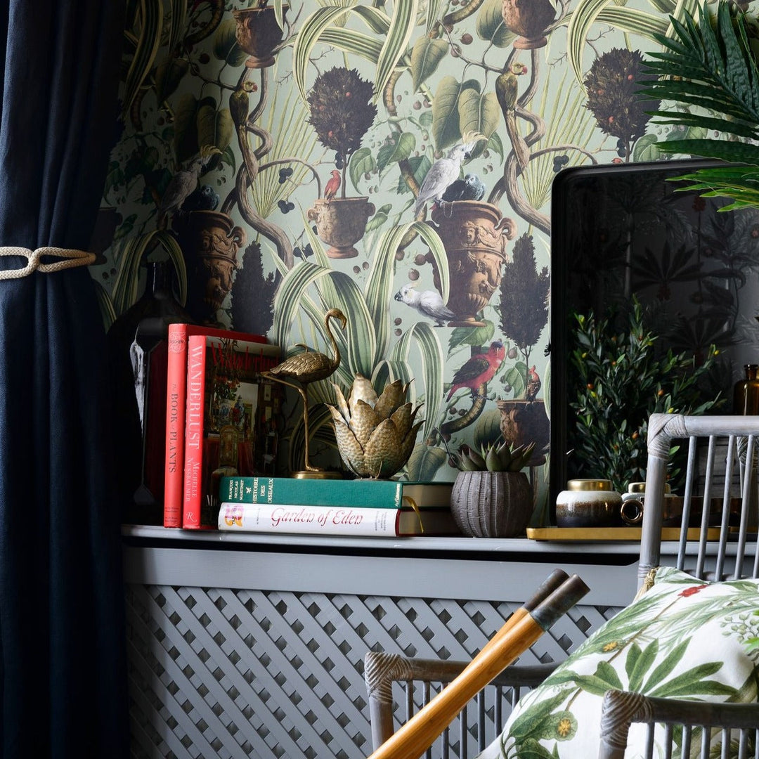 mind-the-gap-exotic-menagerie-light-wallpaper-tropical-wanderlust-collection-parrots-tropical-foliage-rich-statement-maximalist-interior