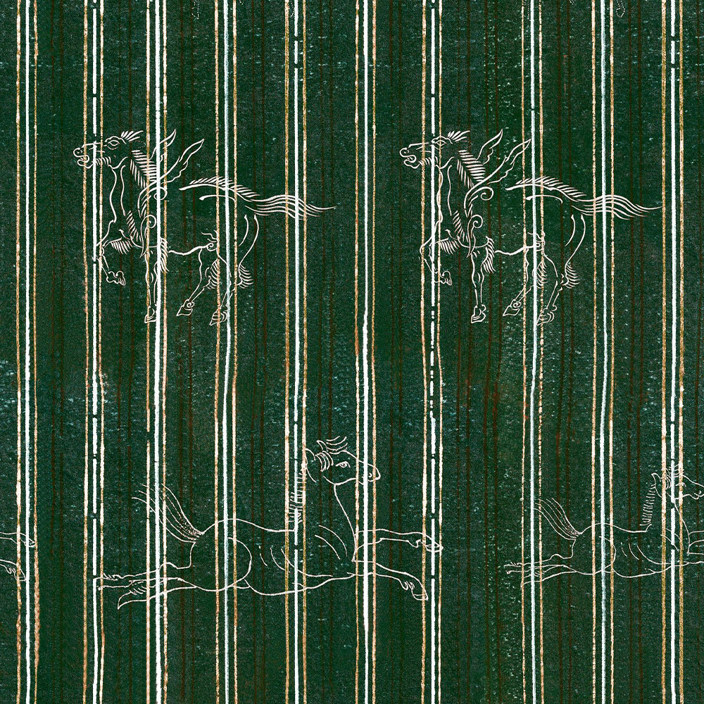 mind-the-gap-green-stripe-a-fable-evergreen-wallpaper-horses-with-wings-transylvanian-roots-collection-maximalist-statement-interior