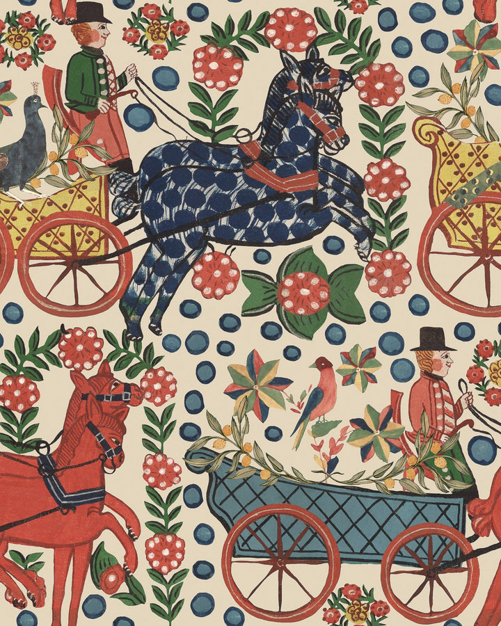 mind-the-gap-Tyrol-collection-wallpaper-WP20680-Fasnacht-Swiss-Carnival-horseman-carriages-Nordic-Folklore-painted-style-printed-wallpaper-bright-cram-background-Alpine-Apres-ski-Chalet-cabin-lodge-decor