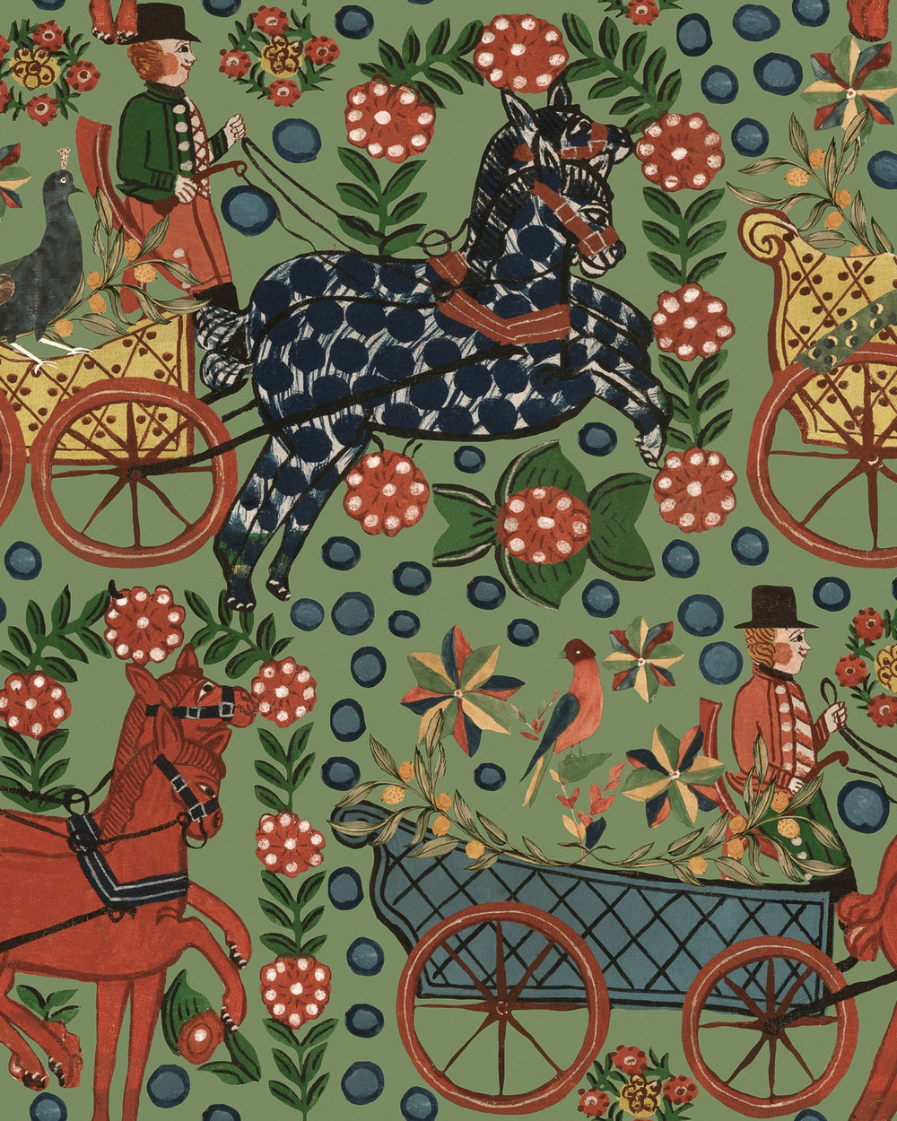 Mind-the-gap-wallpaper-WP20679-Tyrol-collection-Fasnacht-wallpaper-Absinth-illustrated-painertly-alpine-apres-ski-Tyrol-green-painted-coachman-horses-mural-Nordic-Folklore-pattern